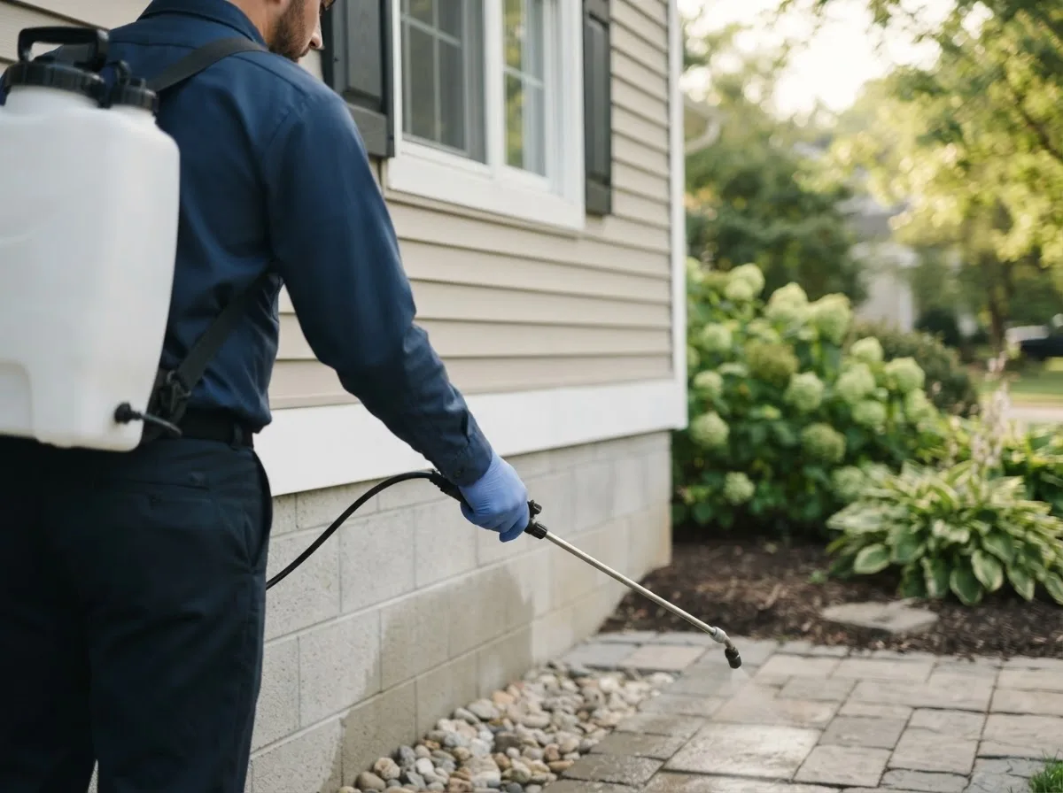 Pest control technician inspecting a home in Dill City, OK